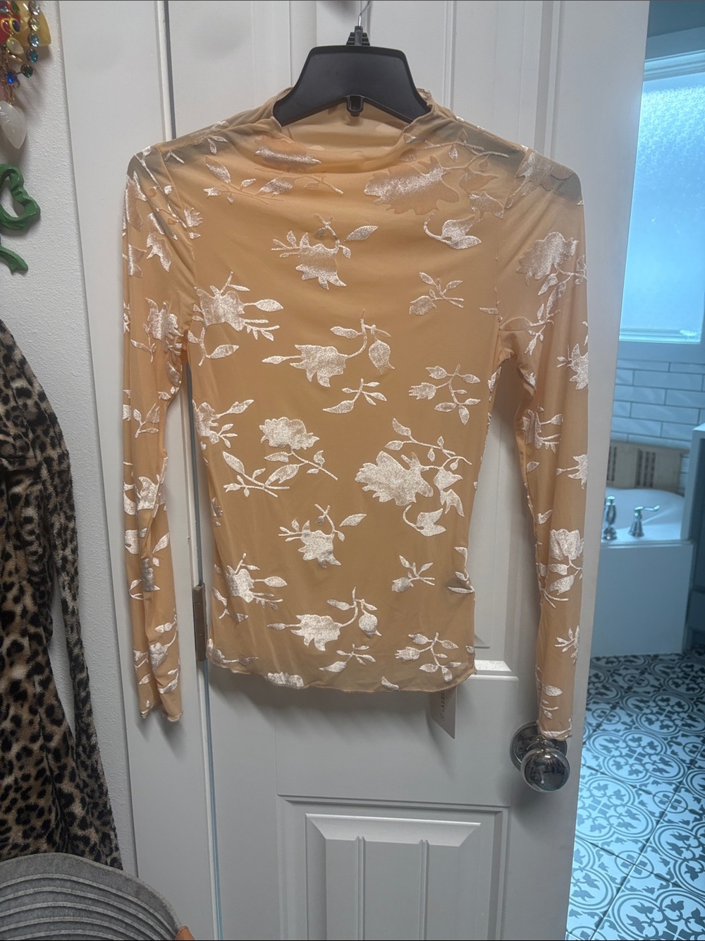 Womens Tan Floral Long-Sleeve Mesh Top